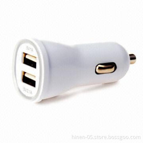 Car charger with 5V/1A and 2.1A output, shell is made of fireproof material